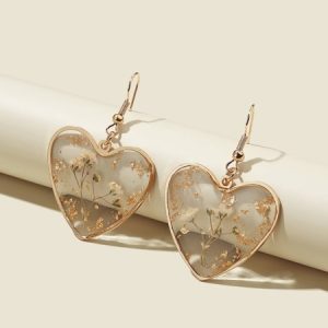 Flower Design Heart Charm Drop Earrings Clear