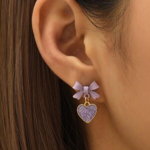 Glitter Detail Heart Drop Earrings Purple