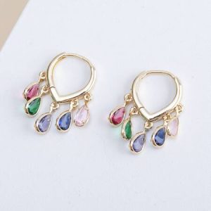 1pair High-End Luxury Shiny Elegant Colorful Water Drop Zirconia Small Hoop Earrings, Suitable For Daily Wear & Party Gifts For Women Multicolor