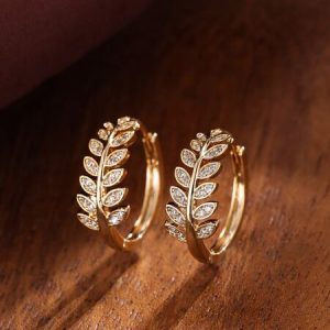 Cubic Zirconia Leaf Decor Hoop Earrings Yellow Gold