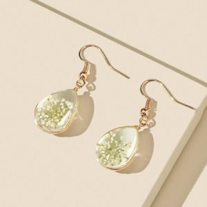 1pair Fresh & Fashionable Tiny Transparent Glass Dried Flower Teardrop Earrings Green