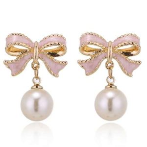 HOTNICE 1 Pair Girls Pink Bow And Faux Pearl Earrings Pink