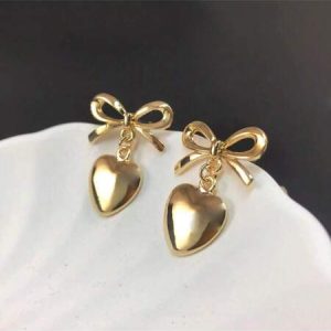 1pair Fashionable Metal Texture Sweet Romantic Bowknot Heart Dangle Earrings, Suitable As Valentine's Day Gift Or Decoration For Women Gold