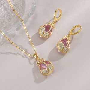 1pc Stainless Steel Tulip Design CZ Pendant Necklace And 1pair CZ Tulip Earrings For Women Yellow Gold