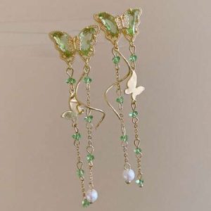 1pair Green Butterfly Pendant & Pearl Tassel Earrings, Perfect For Spring & Summer Outfits Green