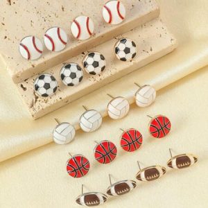 1pair Vintage European And American Style Alloy Dangle Earrings With Basketball, Football, Baseball, Volleyball, And Rugby Ball Charms, Suitable For Daily Wear And Vacation Ball Earrings