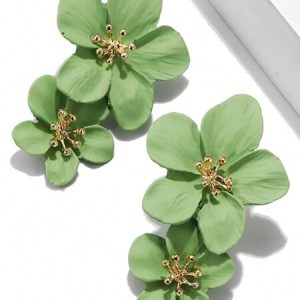 1pair Fresh Five-Petal Flower Double Layer Earrings Suitable For Women's Daily Wear Green