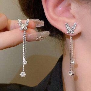 1 Pair Of Butterfly Tassel Long Earrings With Waterdrop Rhinestone Ornament For Women, Sweet Style For Teen Girls Silver