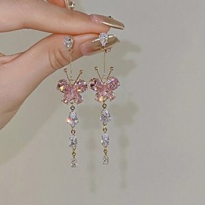 1pair Crystal Butterfly Decorated Long Tasseled Dangle Earrings For Women, Pink Pink