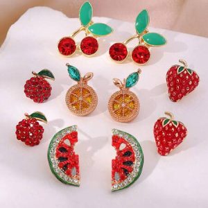 5pairs Fruit Themed Cute Watermelon, Lemon, Strawberry, Apple Design Candy Color Fashionable Unique Women's Earrings Set Red