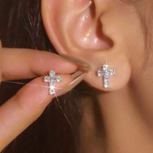 1pair Sparkling Crystal Cross Stud Earrings, Suitable For Women Party Wear Silver