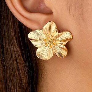 1pair French Style Vintage Exaggerated Flower Shaped Earrings Suitable For Daily Wear Gold